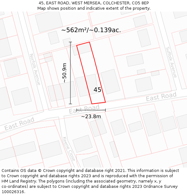 45, EAST ROAD, WEST MERSEA, COLCHESTER, CO5 8EP: Plot and title map