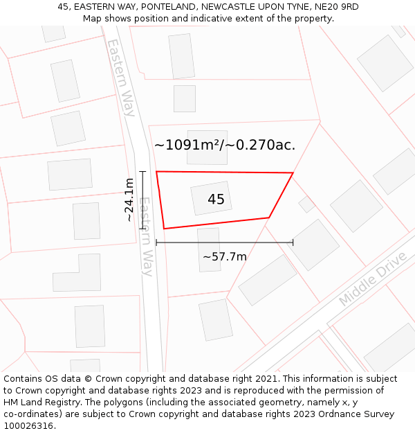 45, EASTERN WAY, PONTELAND, NEWCASTLE UPON TYNE, NE20 9RD: Plot and title map