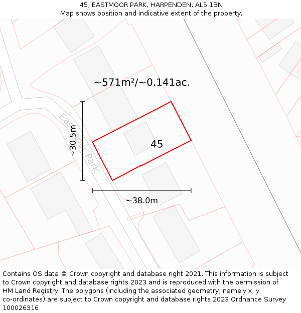 45, EASTMOOR PARK, HARPENDEN, AL5 1BN: Plot and title map