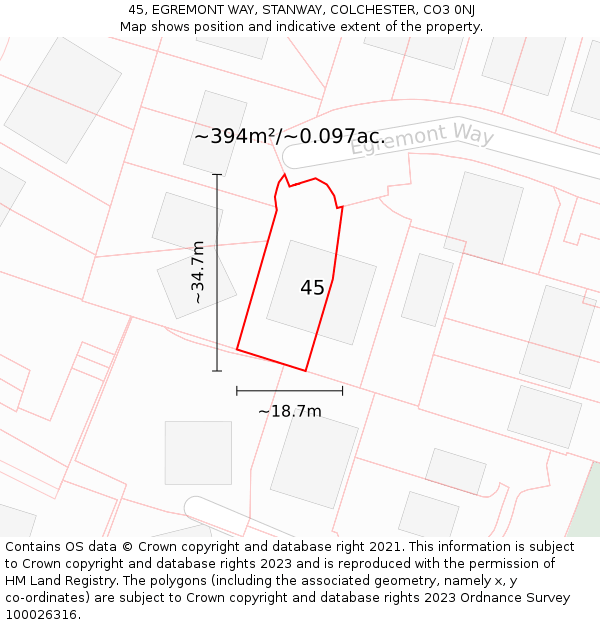 45, EGREMONT WAY, STANWAY, COLCHESTER, CO3 0NJ: Plot and title map