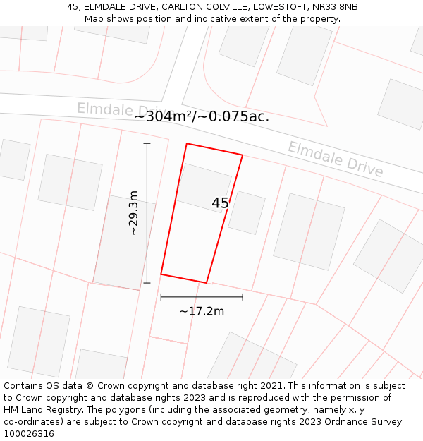 45, ELMDALE DRIVE, CARLTON COLVILLE, LOWESTOFT, NR33 8NB: Plot and title map