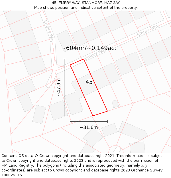 45, EMBRY WAY, STANMORE, HA7 3AY: Plot and title map