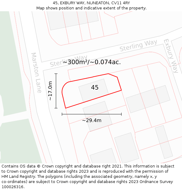 45, EXBURY WAY, NUNEATON, CV11 4RY: Plot and title map