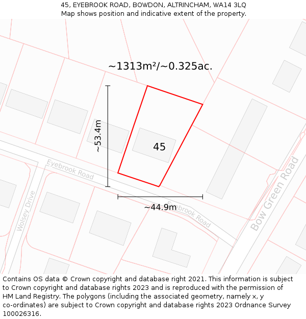 45, EYEBROOK ROAD, BOWDON, ALTRINCHAM, WA14 3LQ: Plot and title map