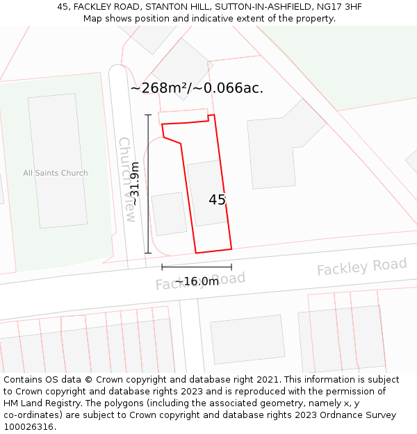 45, FACKLEY ROAD, STANTON HILL, SUTTON-IN-ASHFIELD, NG17 3HF: Plot and title map