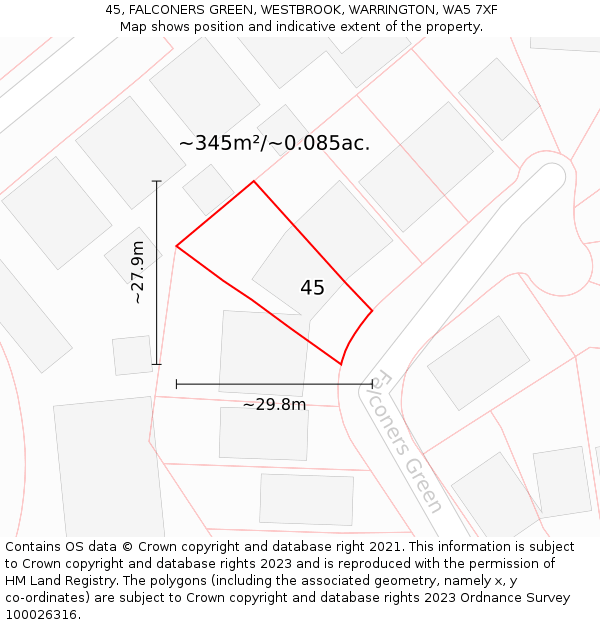45, FALCONERS GREEN, WESTBROOK, WARRINGTON, WA5 7XF: Plot and title map