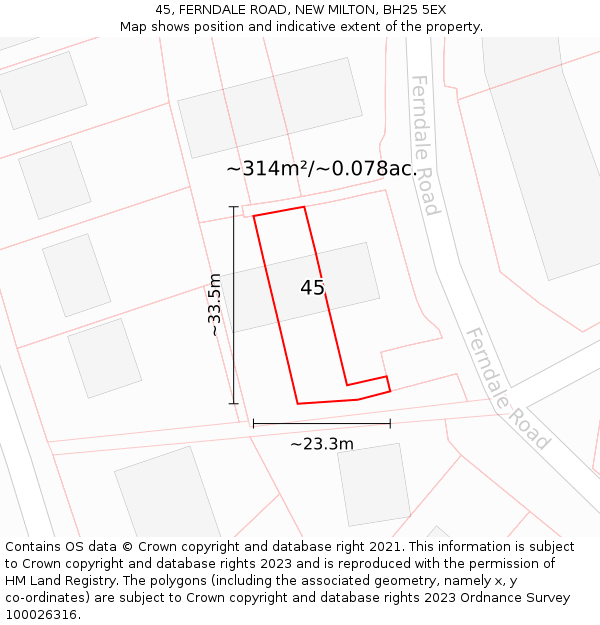 45, FERNDALE ROAD, NEW MILTON, BH25 5EX: Plot and title map