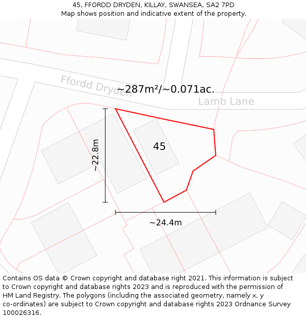 45, FFORDD DRYDEN, KILLAY, SWANSEA, SA2 7PD: Plot and title map
