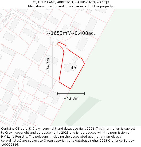 45, FIELD LANE, APPLETON, WARRINGTON, WA4 5JR: Plot and title map