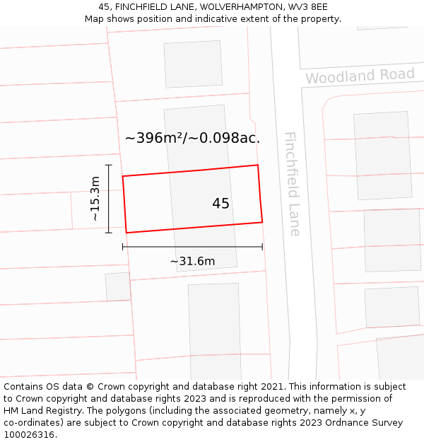 45, FINCHFIELD LANE, WOLVERHAMPTON, WV3 8EE: Plot and title map