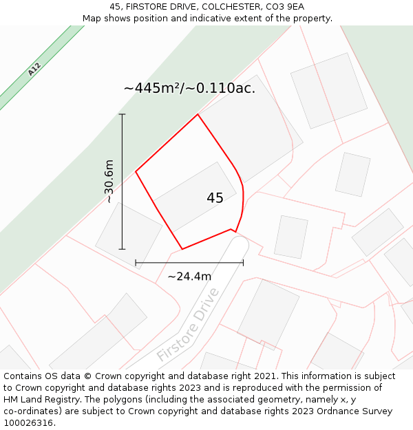 45, FIRSTORE DRIVE, COLCHESTER, CO3 9EA: Plot and title map