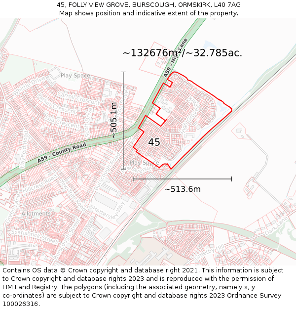 45, FOLLY VIEW GROVE, BURSCOUGH, ORMSKIRK, L40 7AG: Plot and title map
