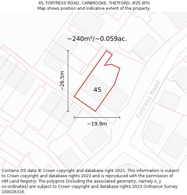 45, FORTRESS ROAD, CARBROOKE, THETFORD, IP25 6FN: Plot and title map