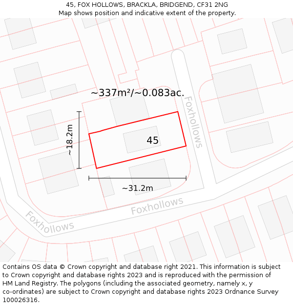 45, FOX HOLLOWS, BRACKLA, BRIDGEND, CF31 2NG: Plot and title map