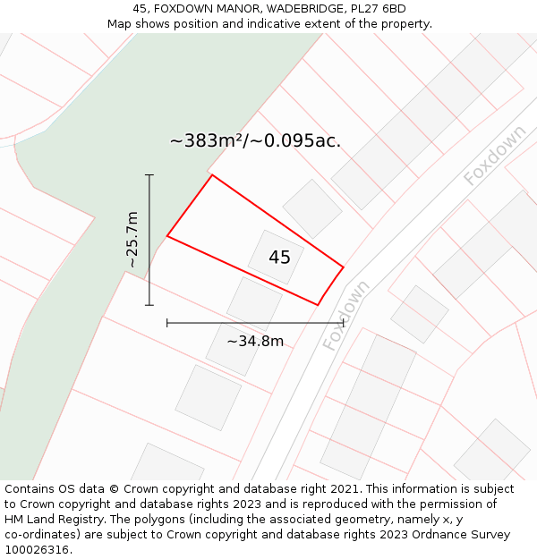 45, FOXDOWN MANOR, WADEBRIDGE, PL27 6BD: Plot and title map