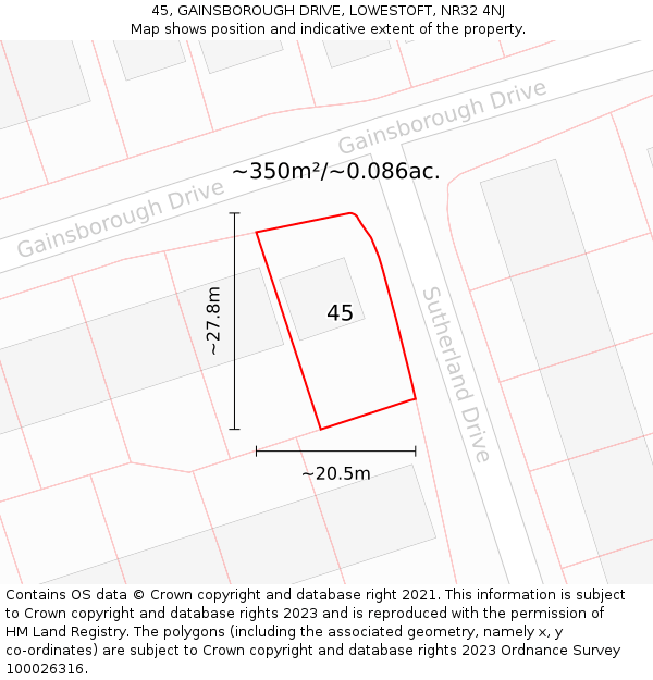 45, GAINSBOROUGH DRIVE, LOWESTOFT, NR32 4NJ: Plot and title map