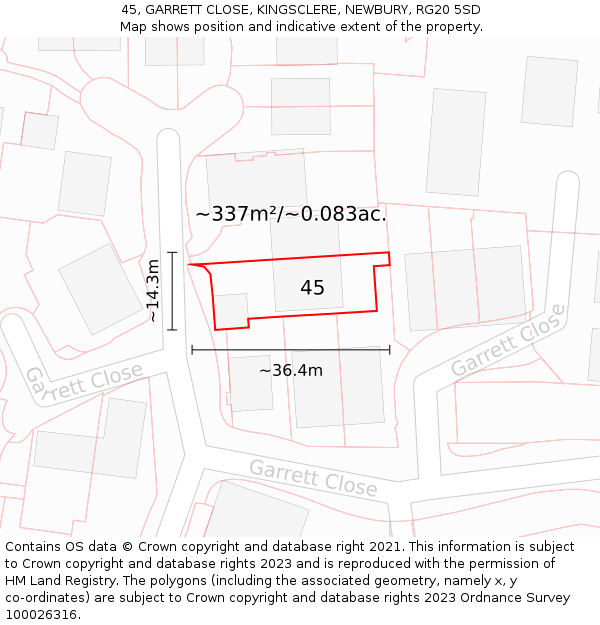 45, GARRETT CLOSE, KINGSCLERE, NEWBURY, RG20 5SD: Plot and title map
