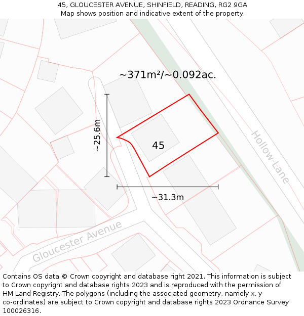 45, GLOUCESTER AVENUE, SHINFIELD, READING, RG2 9GA: Plot and title map
