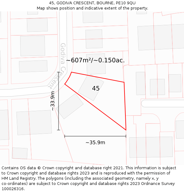 45, GODIVA CRESCENT, BOURNE, PE10 9QU: Plot and title map