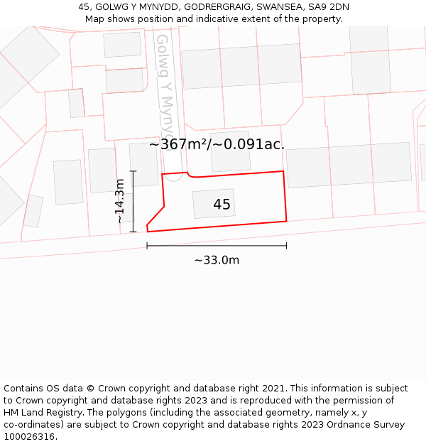 45, GOLWG Y MYNYDD, GODRERGRAIG, SWANSEA, SA9 2DN: Plot and title map