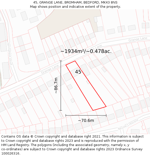 45, GRANGE LANE, BROMHAM, BEDFORD, MK43 8NS: Plot and title map
