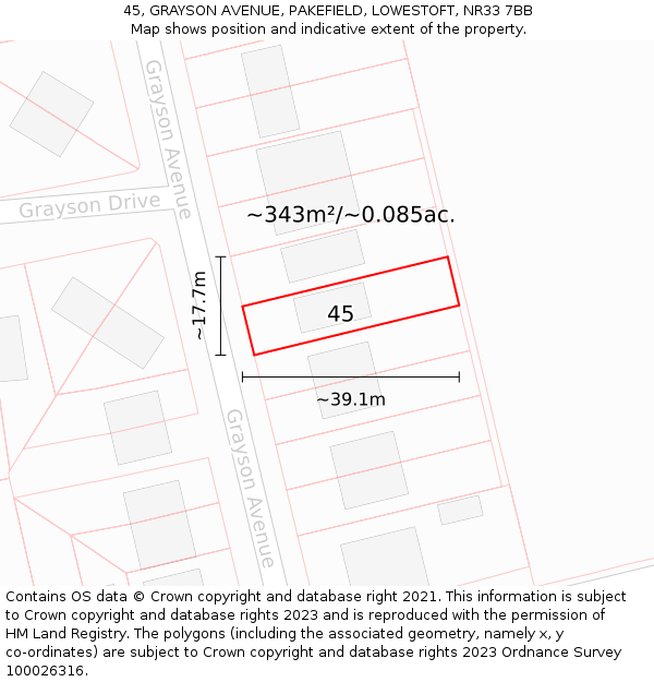 45, GRAYSON AVENUE, PAKEFIELD, LOWESTOFT, NR33 7BB: Plot and title map