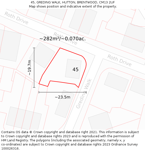 45, GREDING WALK, HUTTON, BRENTWOOD, CM13 2UF: Plot and title map