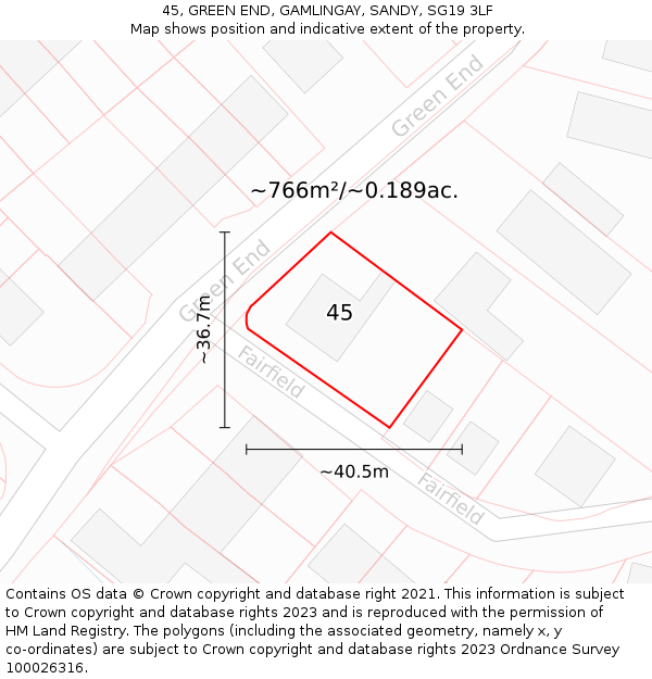 45, GREEN END, GAMLINGAY, SANDY, SG19 3LF: Plot and title map