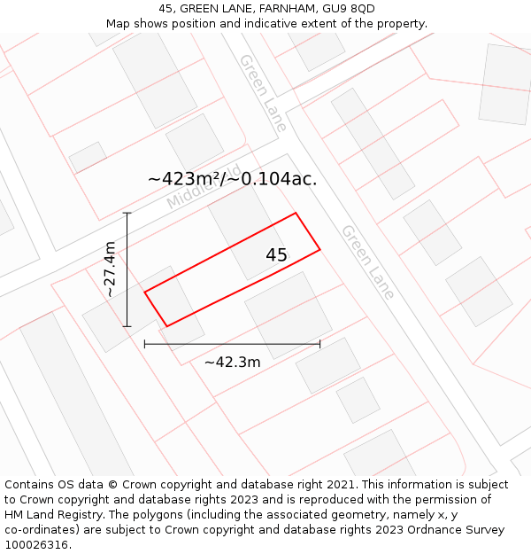 45, GREEN LANE, FARNHAM, GU9 8QD: Plot and title map