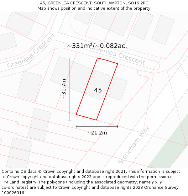 45, GREENLEA CRESCENT, SOUTHAMPTON, SO16 2PG: Plot and title map