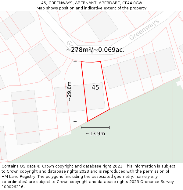 45, GREENWAYS, ABERNANT, ABERDARE, CF44 0GW: Plot and title map