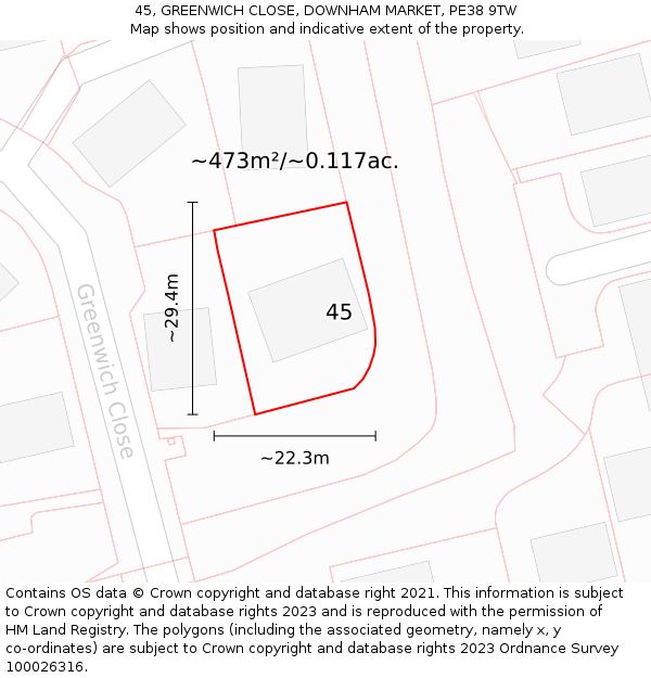 45, GREENWICH CLOSE, DOWNHAM MARKET, PE38 9TW: Plot and title map