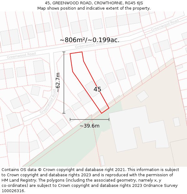 45, GREENWOOD ROAD, CROWTHORNE, RG45 6JS: Plot and title map