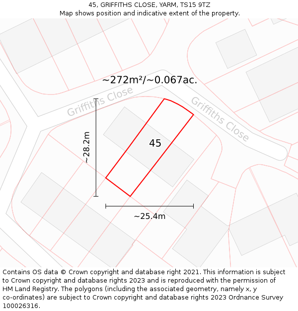 45, GRIFFITHS CLOSE, YARM, TS15 9TZ: Plot and title map