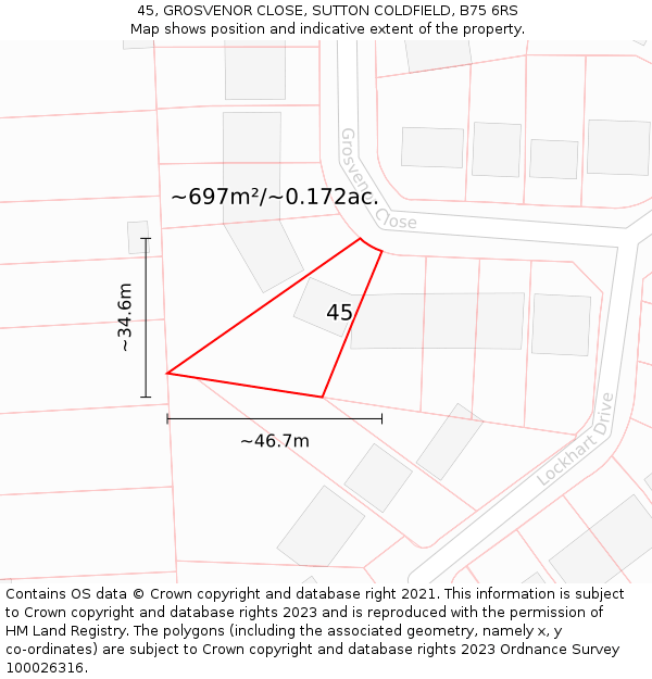 45, GROSVENOR CLOSE, SUTTON COLDFIELD, B75 6RS: Plot and title map