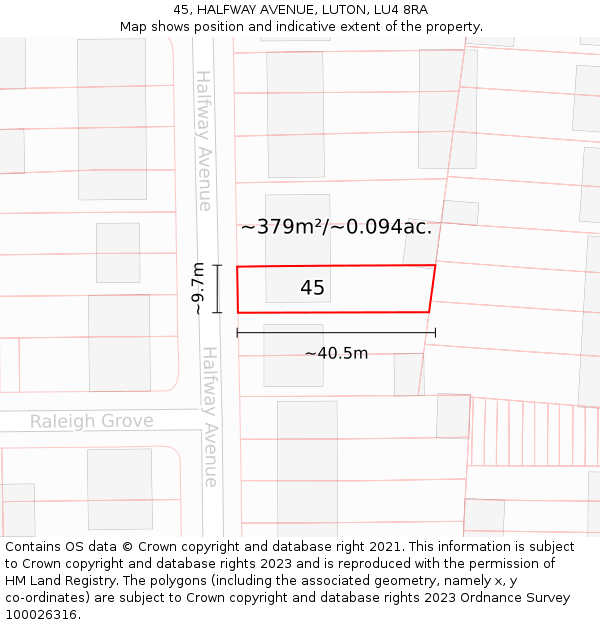 45, HALFWAY AVENUE, LUTON, LU4 8RA: Plot and title map