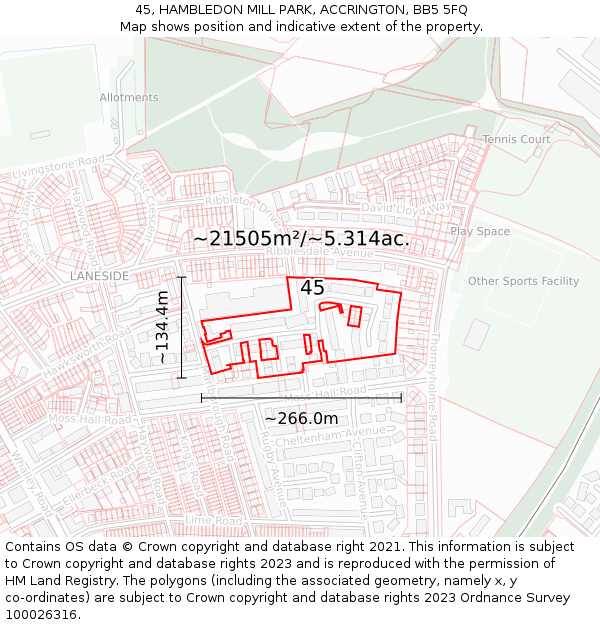 45, HAMBLEDON MILL PARK, ACCRINGTON, BB5 5FQ: Plot and title map