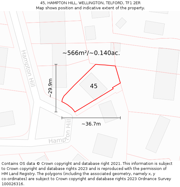 45, HAMPTON HILL, WELLINGTON, TELFORD, TF1 2ER: Plot and title map