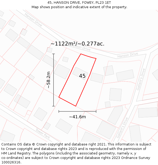 45, HANSON DRIVE, FOWEY, PL23 1ET: Plot and title map