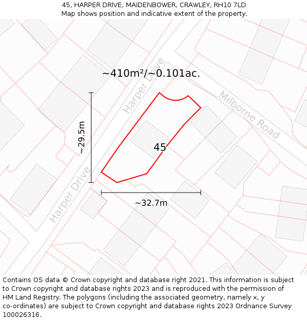 45, HARPER DRIVE, MAIDENBOWER, CRAWLEY, RH10 7LD: Plot and title map