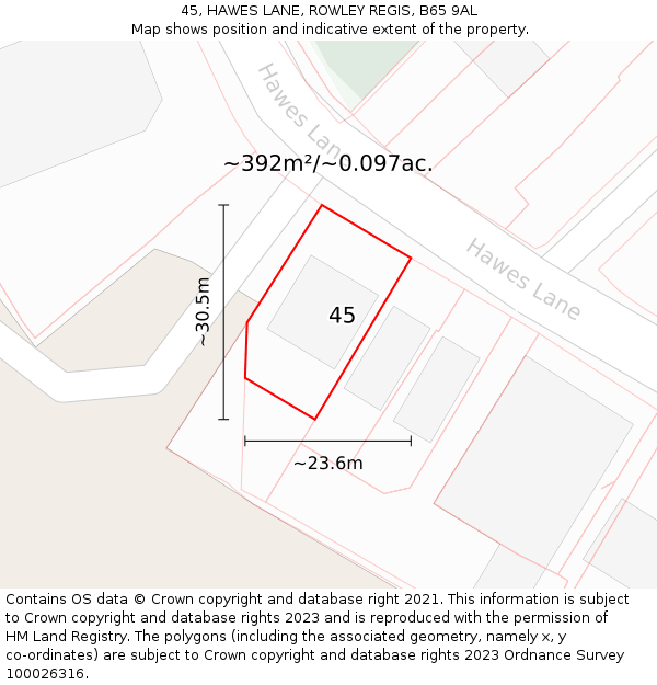45, HAWES LANE, ROWLEY REGIS, B65 9AL: Plot and title map