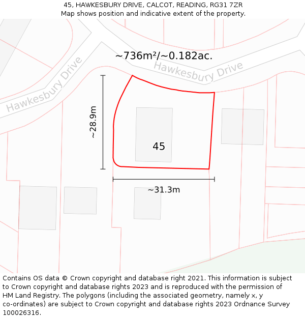 45, HAWKESBURY DRIVE, CALCOT, READING, RG31 7ZR: Plot and title map