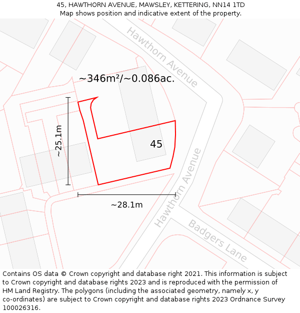 45, HAWTHORN AVENUE, MAWSLEY, KETTERING, NN14 1TD: Plot and title map