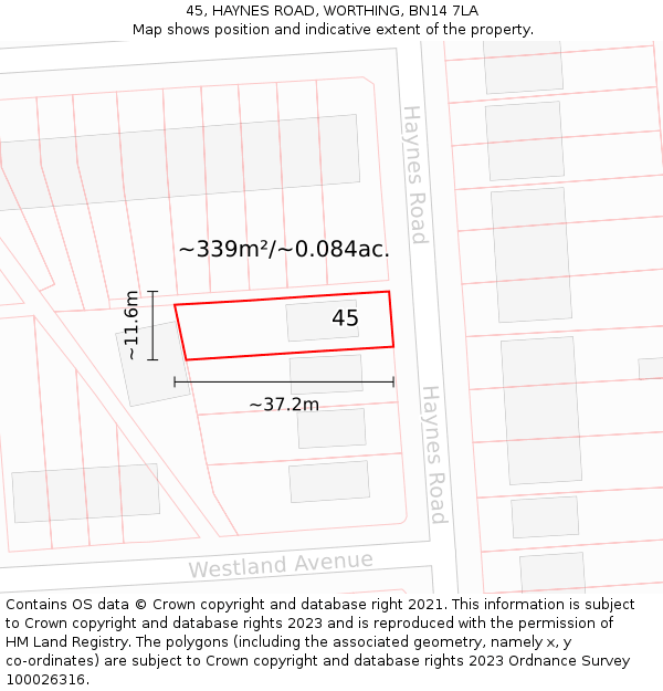 45, HAYNES ROAD, WORTHING, BN14 7LA: Plot and title map