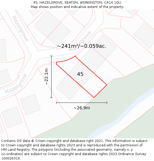 45, HAZELGROVE, SEATON, WORKINGTON, CA14 1QU: Plot and title map