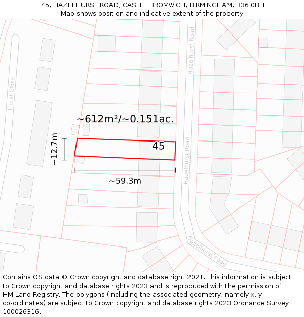 45, HAZELHURST ROAD, CASTLE BROMWICH, BIRMINGHAM, B36 0BH: Plot and title map