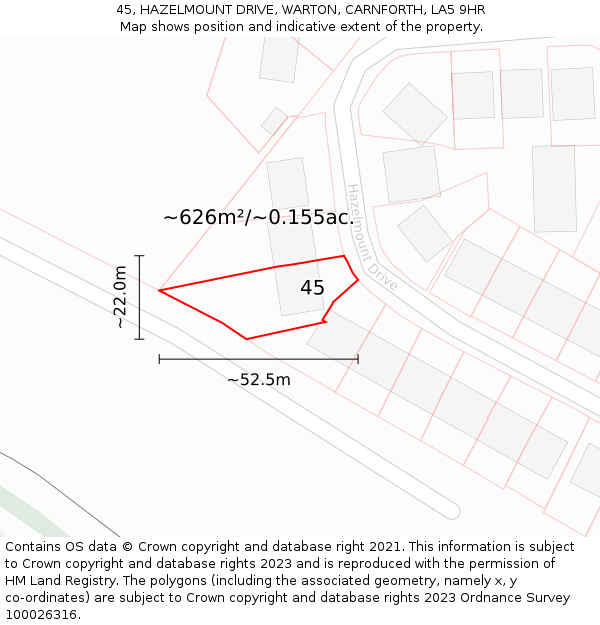 45, HAZELMOUNT DRIVE, WARTON, CARNFORTH, LA5 9HR: Plot and title map
