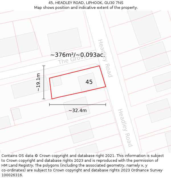 45, HEADLEY ROAD, LIPHOOK, GU30 7NS: Plot and title map