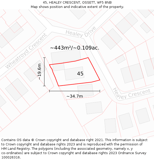 45, HEALEY CRESCENT, OSSETT, WF5 8NB: Plot and title map