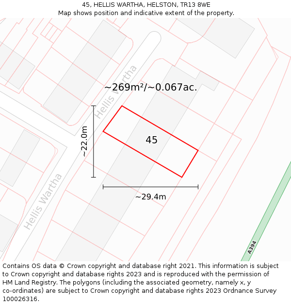 45, HELLIS WARTHA, HELSTON, TR13 8WE: Plot and title map